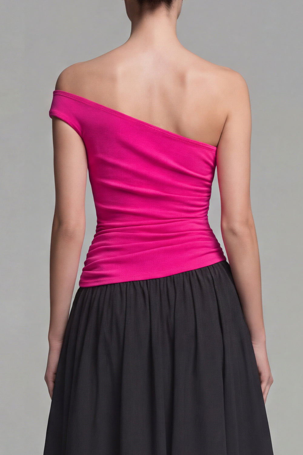 Fuchsia and Black One Shoulder A-Line Long Formal Dress