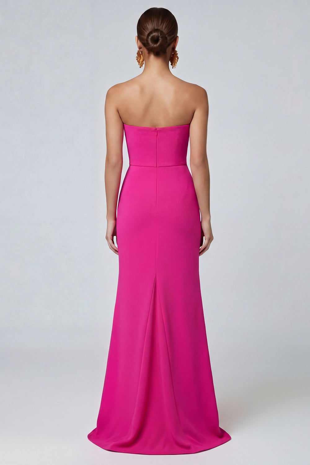 Robe de soirée longue sirène plissée sans bretelles bicolore fuchsia et rouge