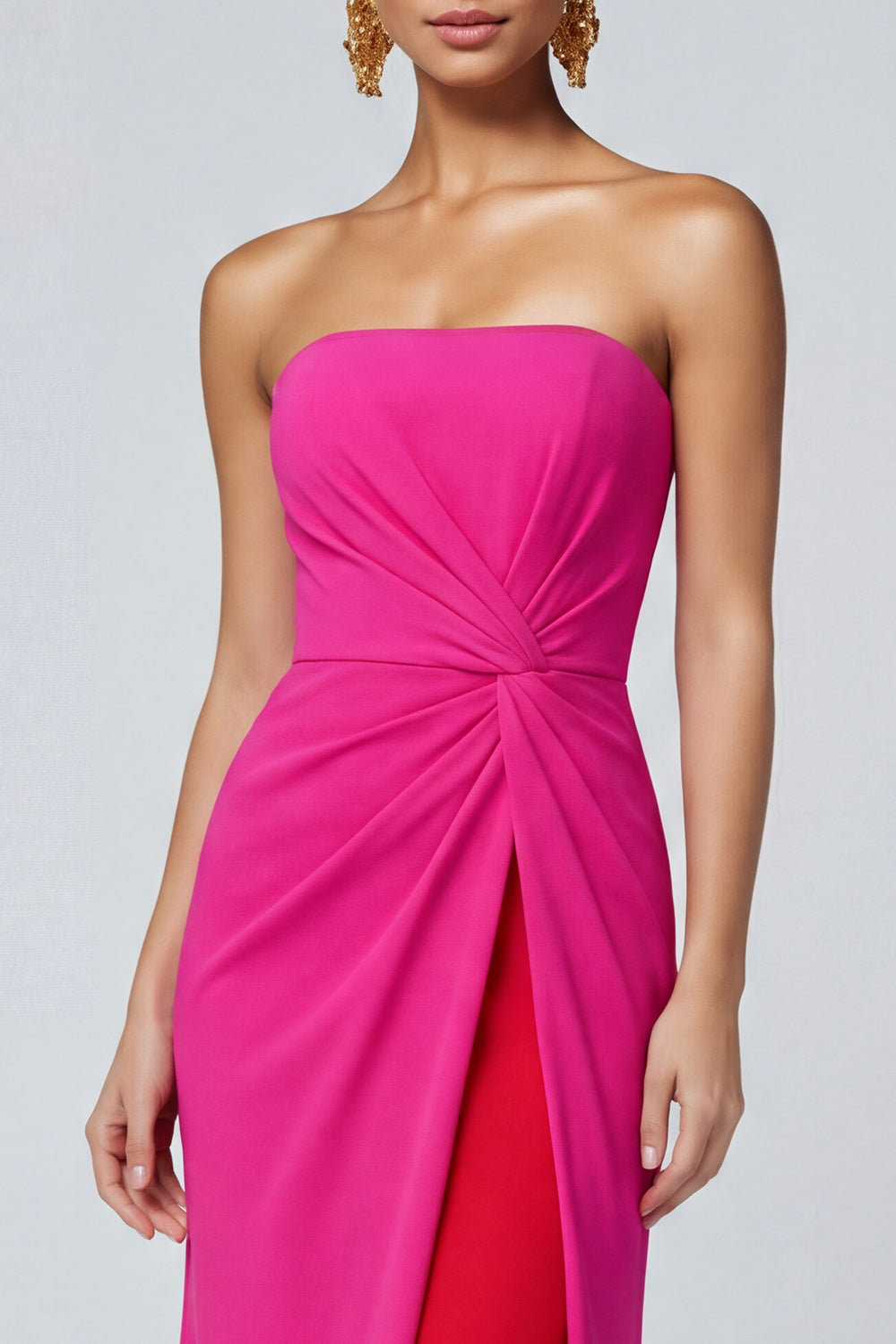 Robe de soirée longue sirène plissée sans bretelles bicolore fuchsia et rouge