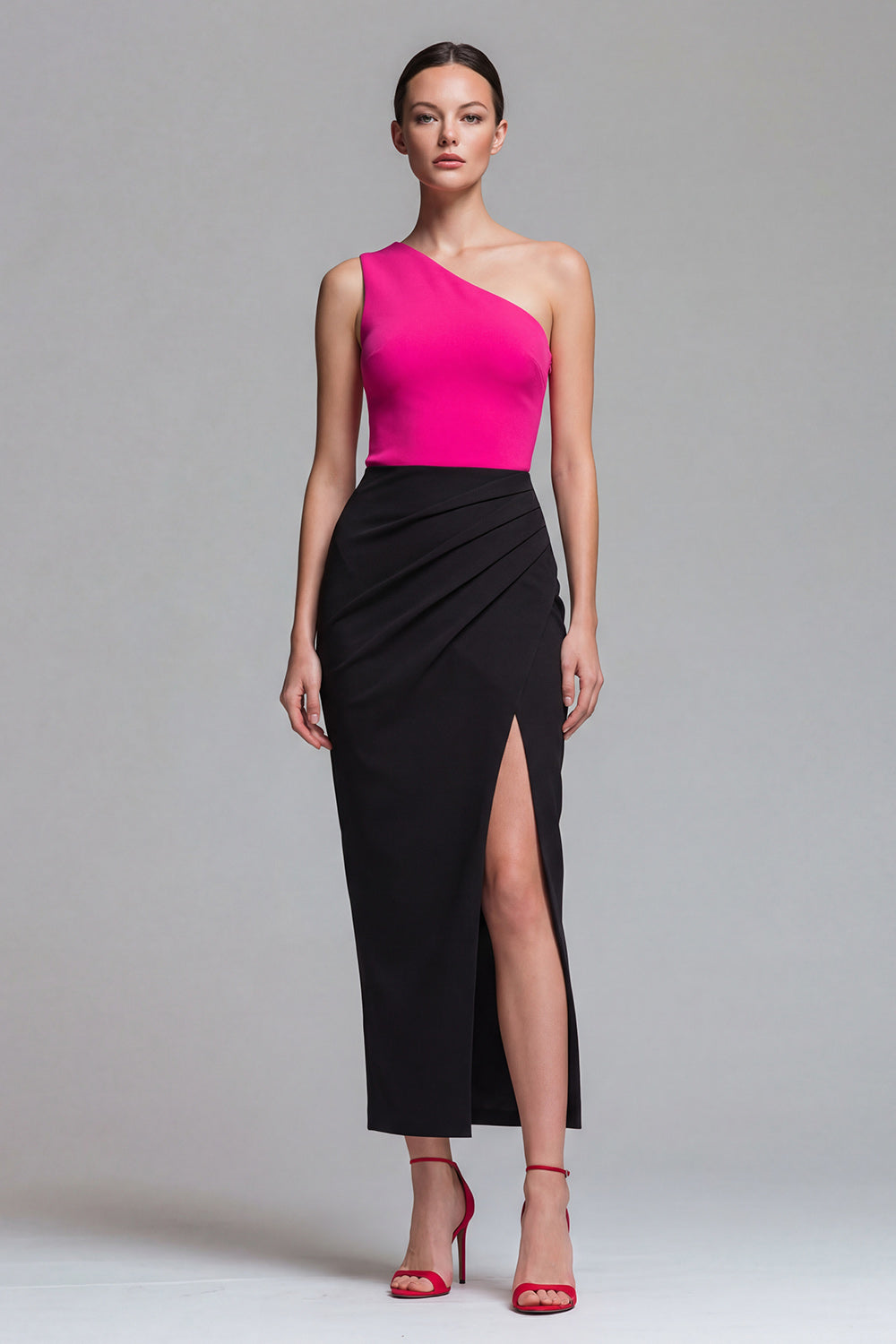 One Shoulder Fuchsia and Black Sheath Midi Formal Dress with Slit