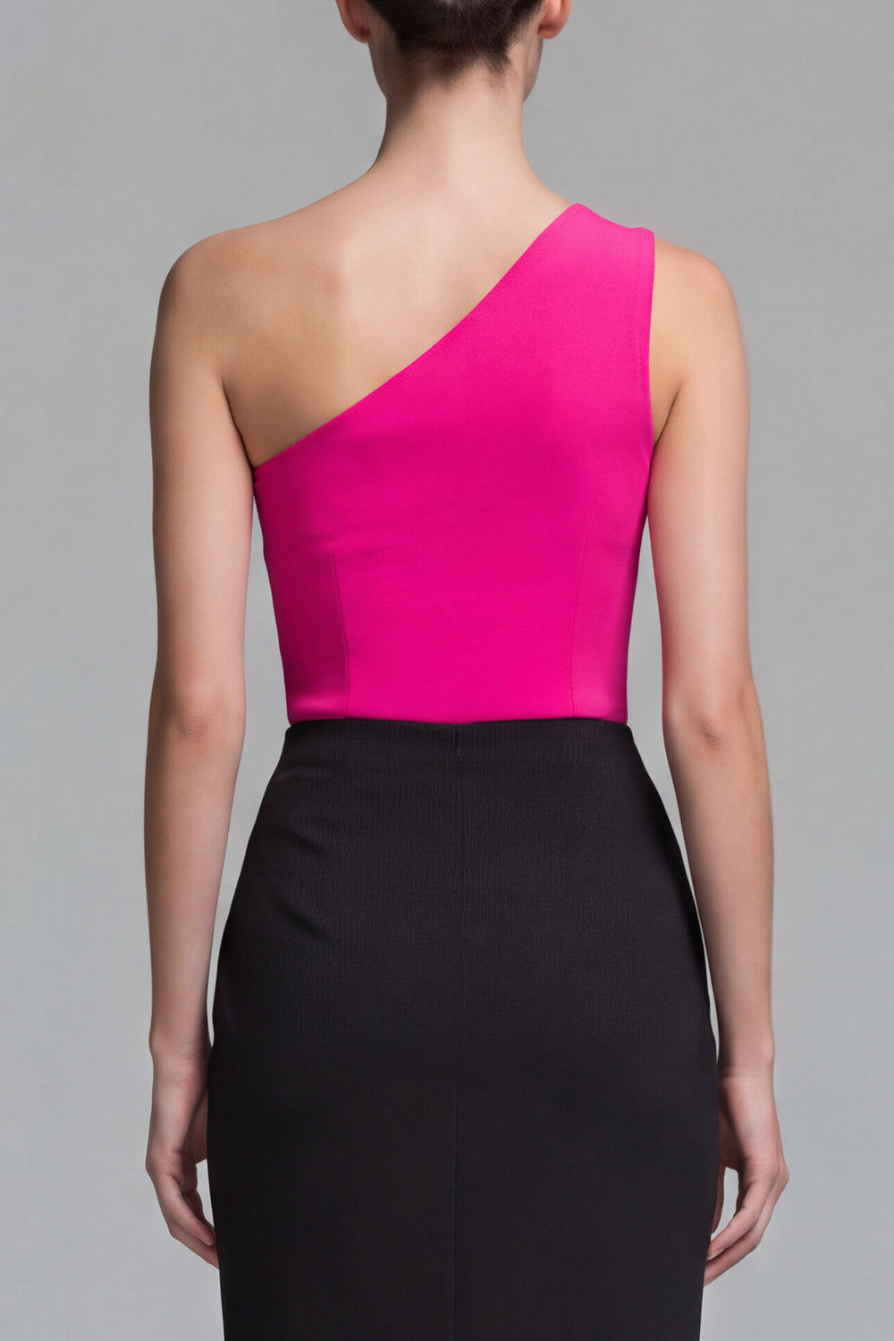 One Shoulder Fuchsia and Black Sheath Midi Formal Dress with Slit