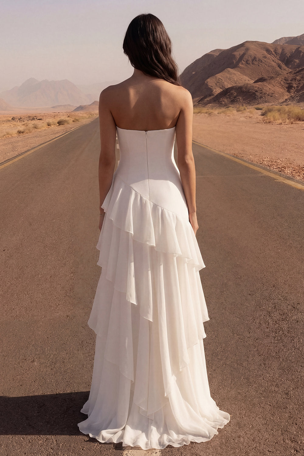 Strapless A Line Ivory Maxi Beach Wedding Dress with Ruffles