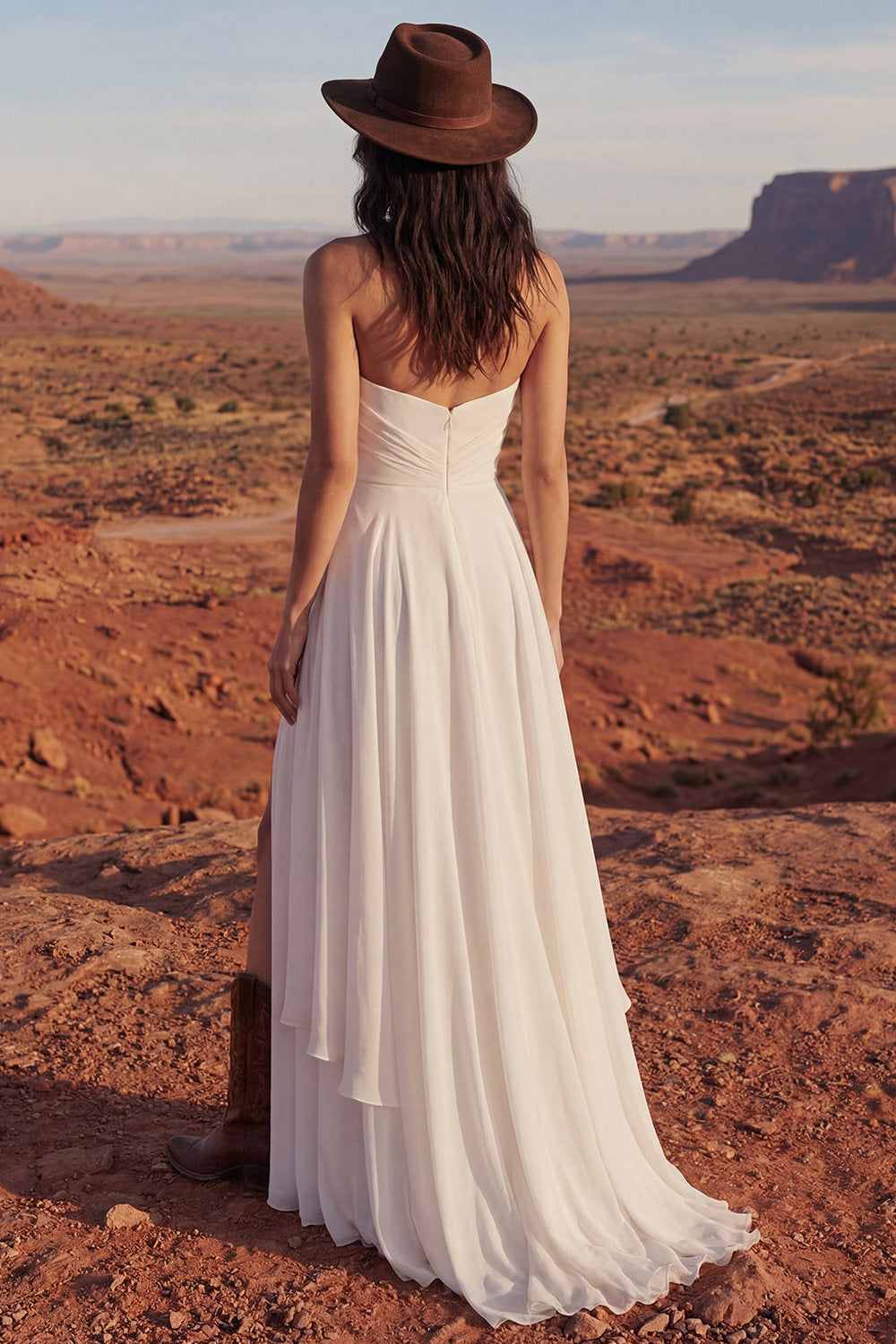 Simple Ivory Strapless A Line Long Beach Wedding Dress with Slit