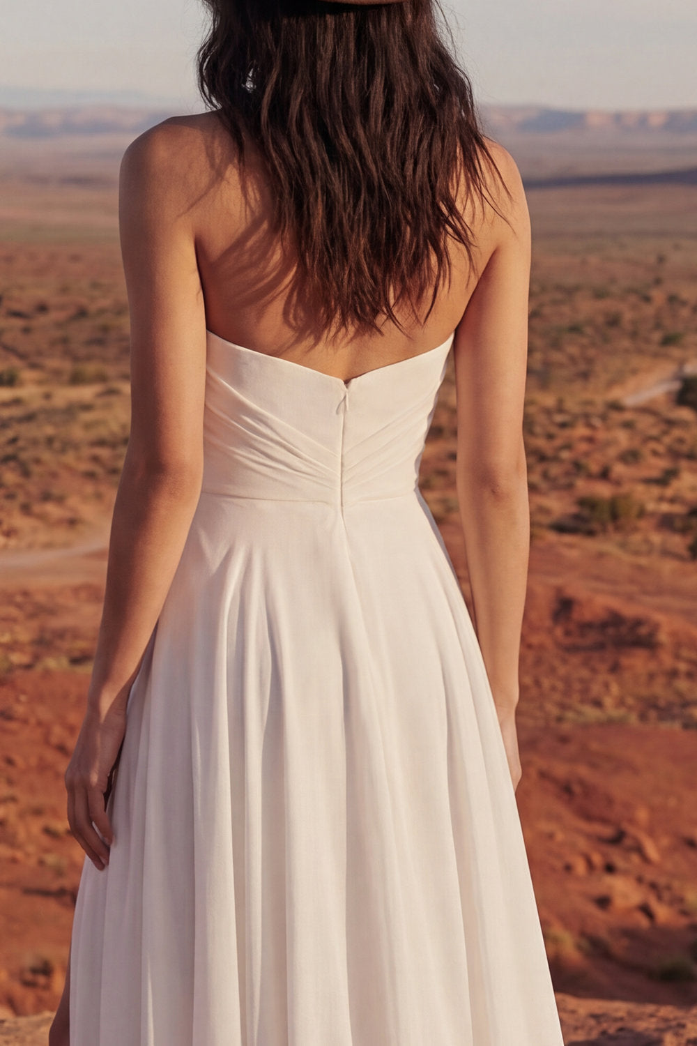 Simple Ivory Strapless A Line Long Beach Wedding Dress with Slit