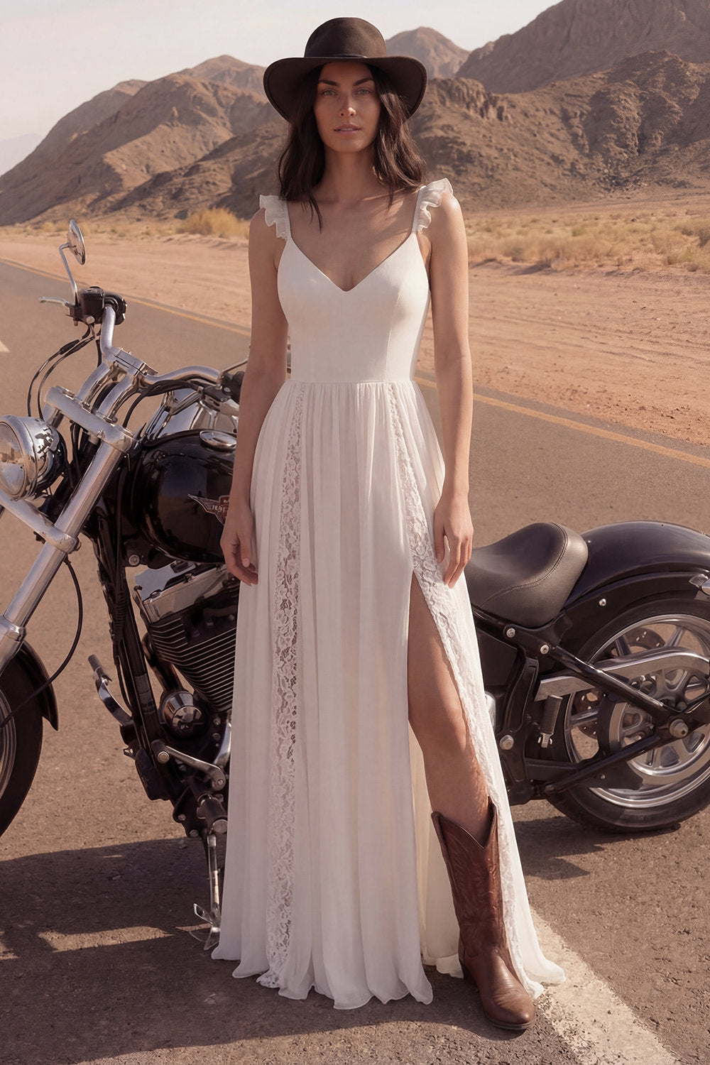 Ivory V-Neck A Line Lace Beach Long Wedding Dress with Slit