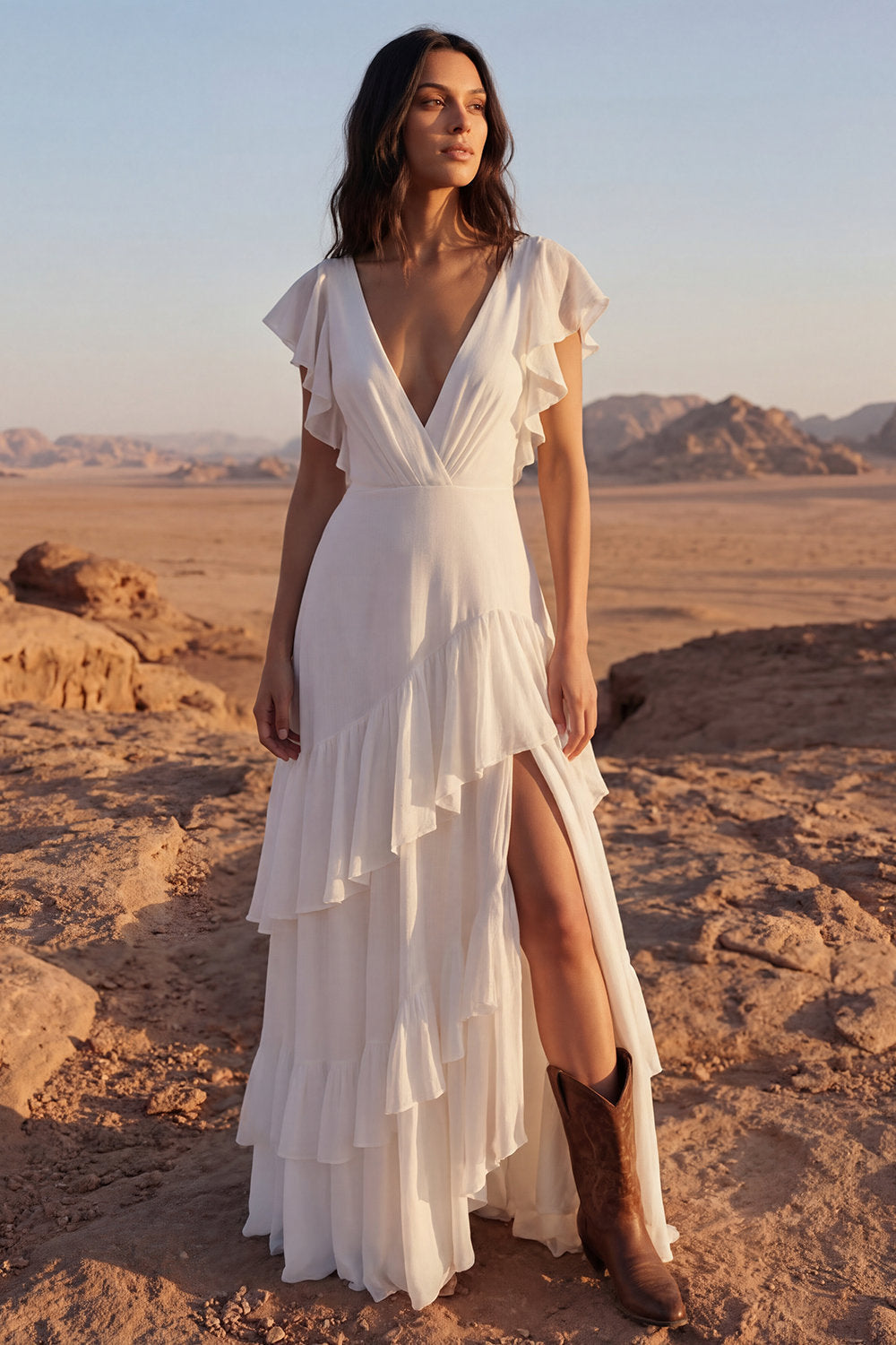Ivory V-Neck A Line Long Beach Wedding Dress with Ruffles