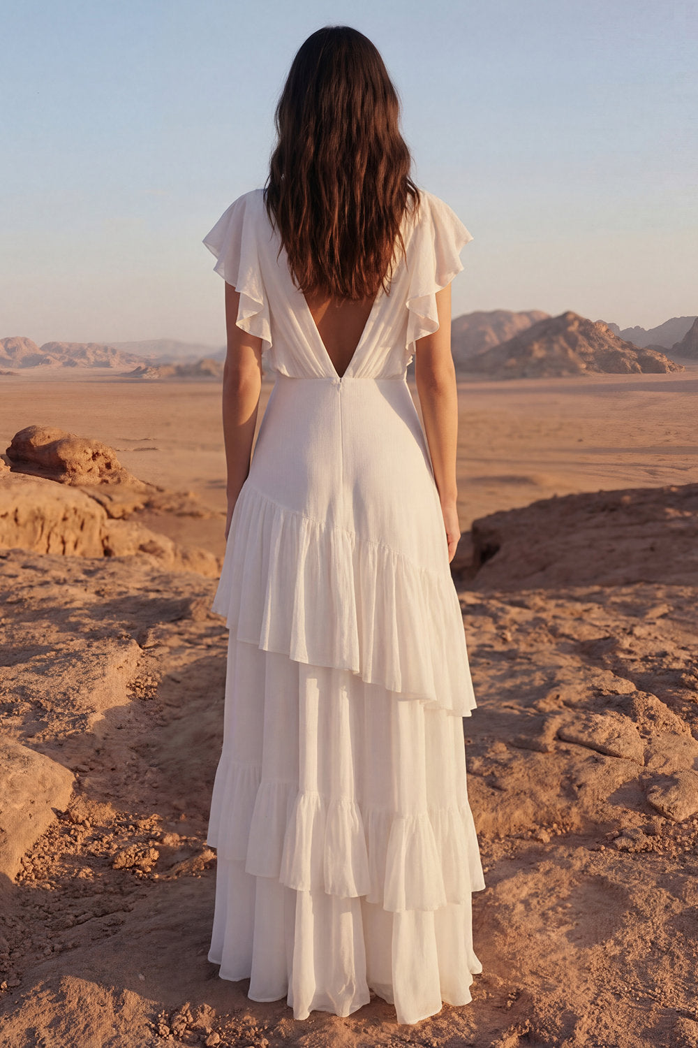 Ivory V-Neck A Line Long Beach Wedding Dress with Ruffles