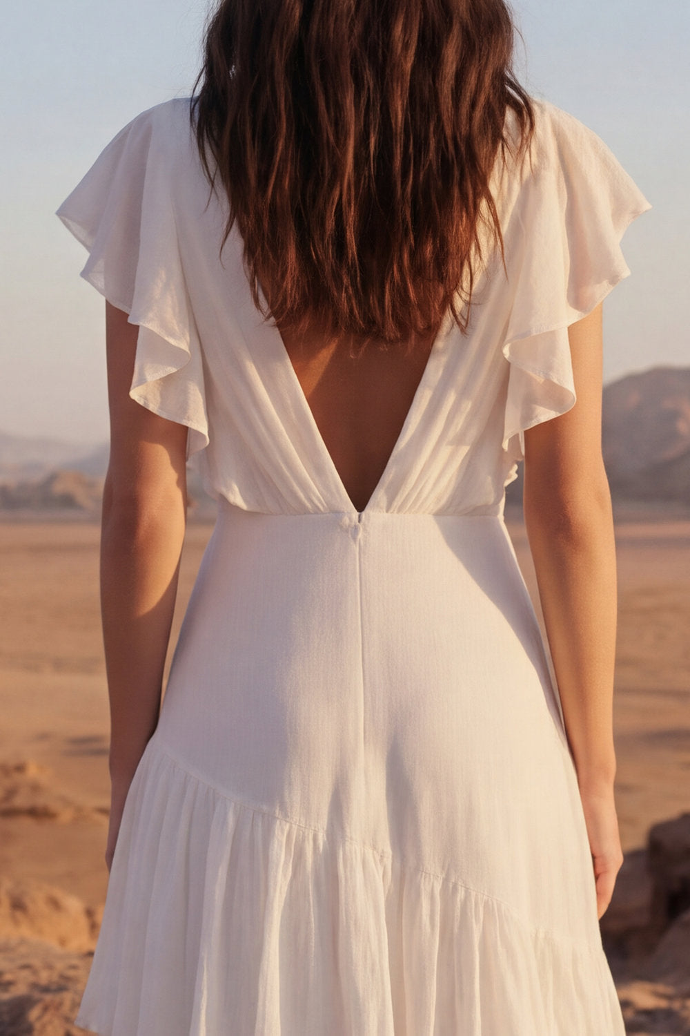 Ivory V-Neck A Line Long Beach Wedding Dress with Ruffles