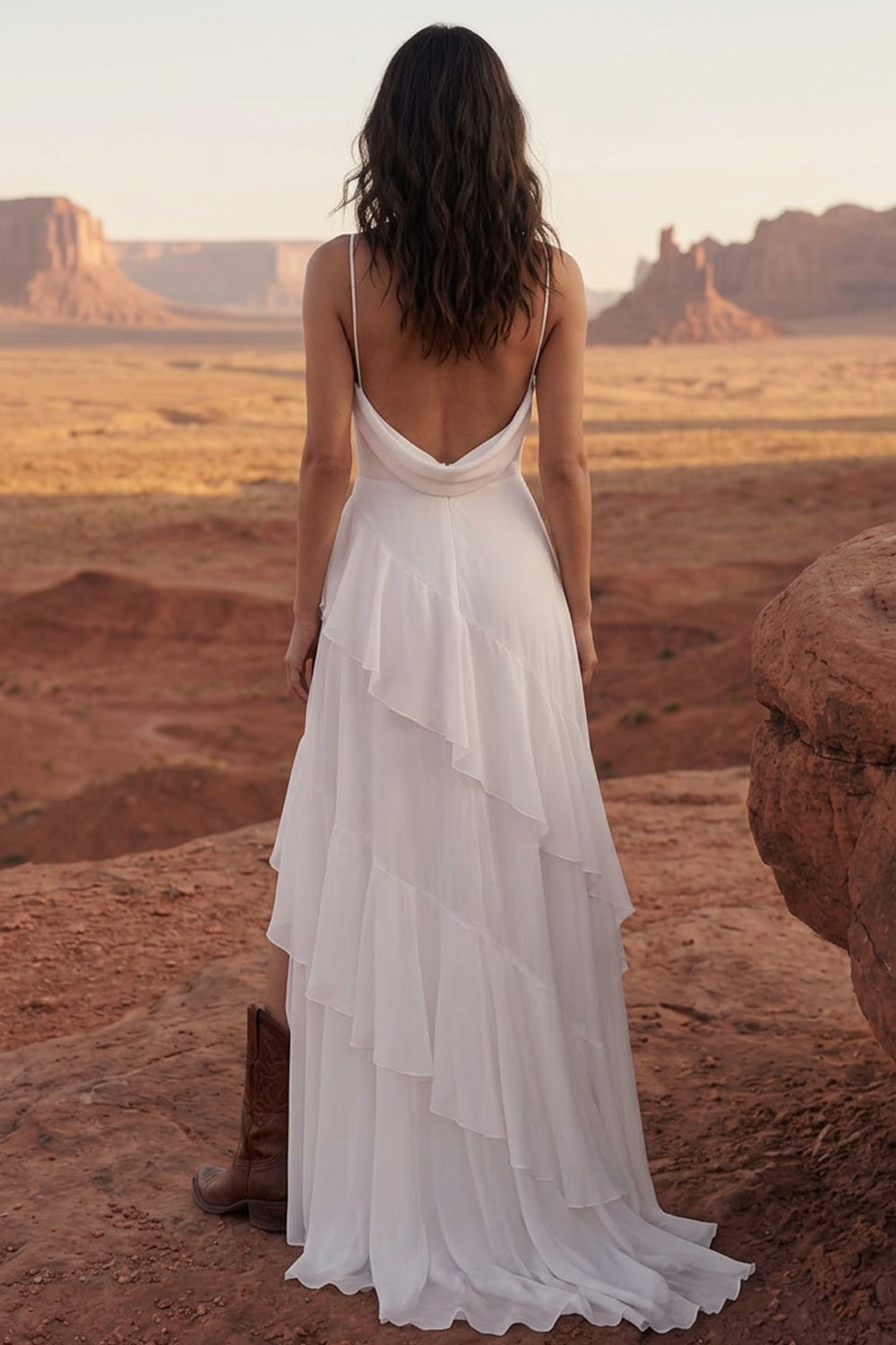 Ivory A Line Long Spaghetti Straps Beach Wedding Dress with Ruffles