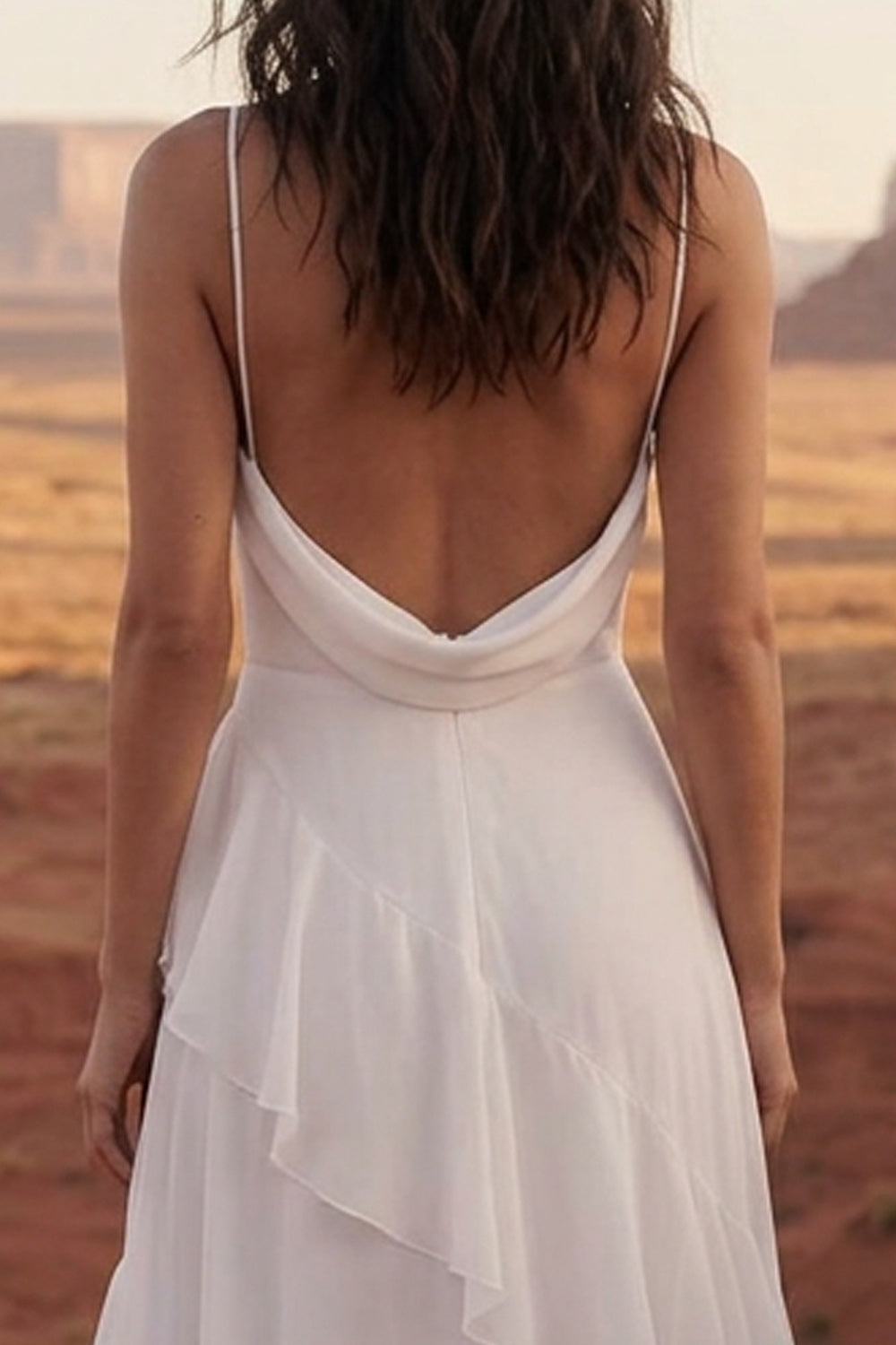 Ivory A Line Long Spaghetti Straps Beach Wedding Dress with Ruffles