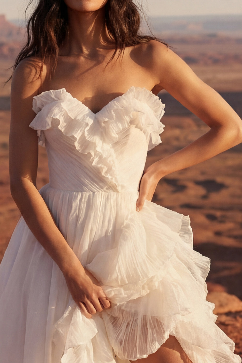 Ivory Strapless A-Line Maxi Beach Wedding Dress with Ruffles