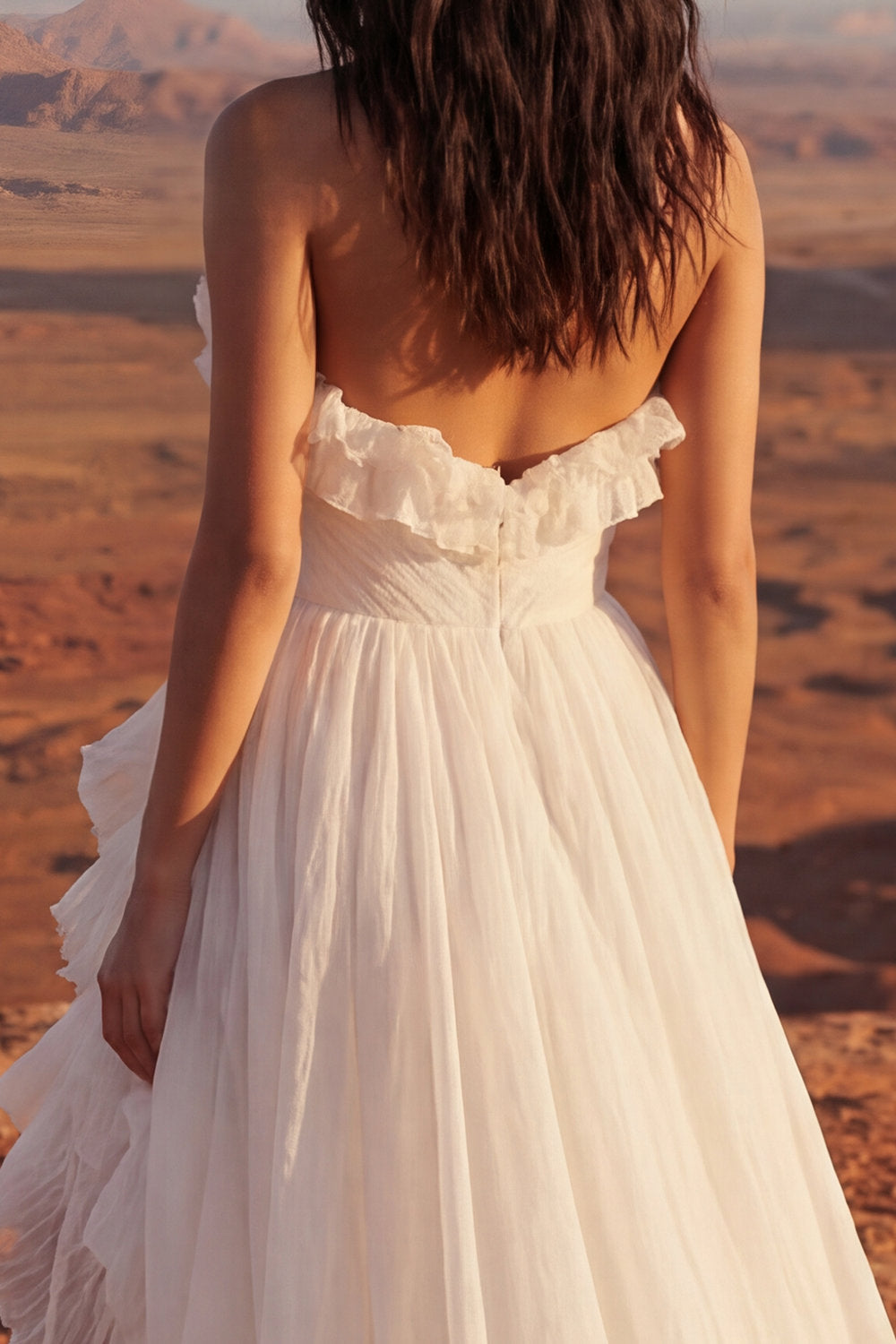 Ivory Strapless A-Line Maxi Beach Wedding Dress with Ruffles