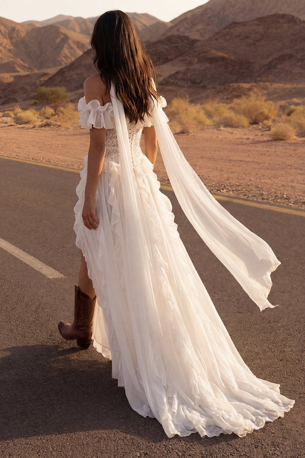 Floral Ivory A Line Maxi Beach Wedding Dress with Ruffles
