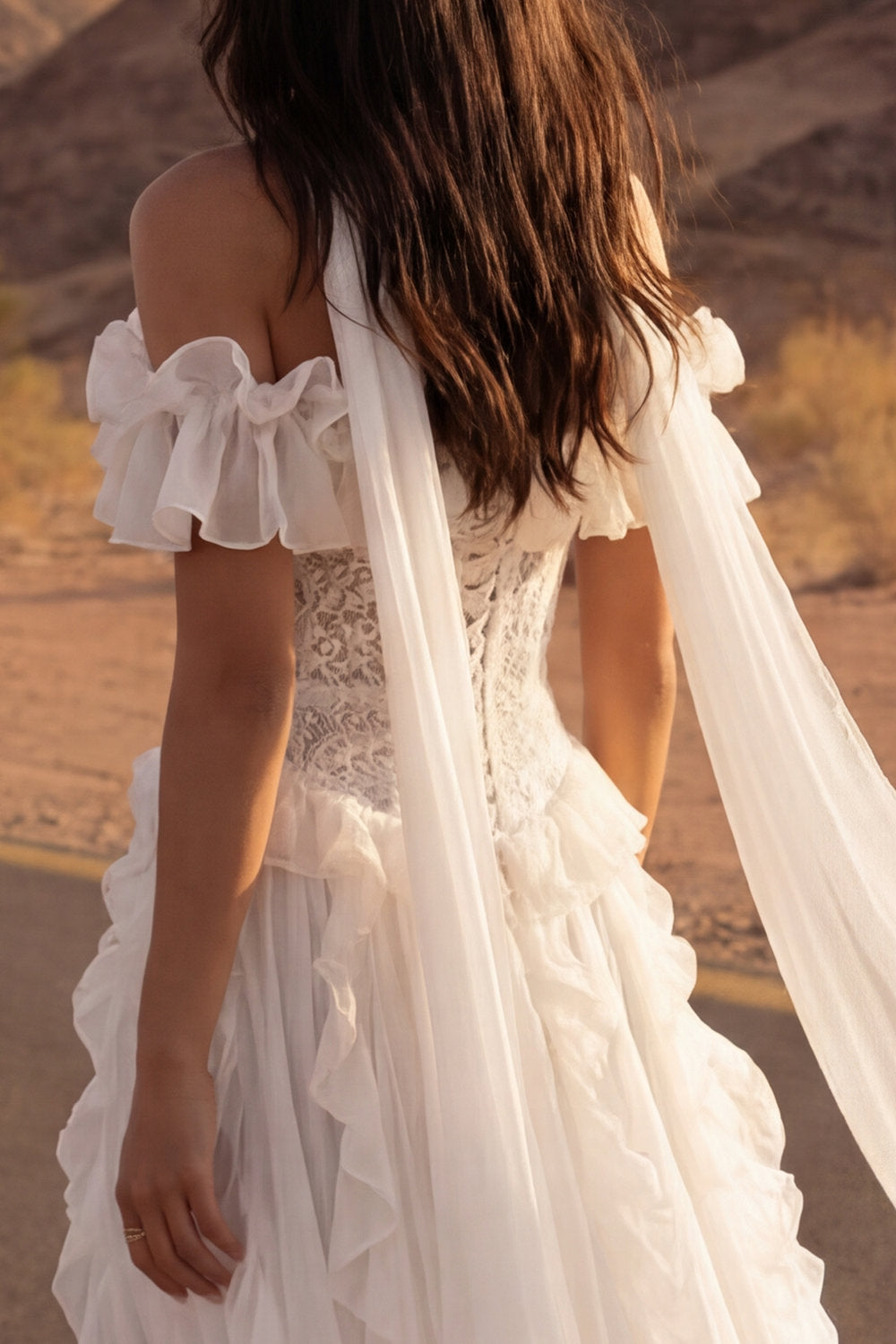 Floral Ivory A Line Maxi Beach Wedding Dress with Ruffles