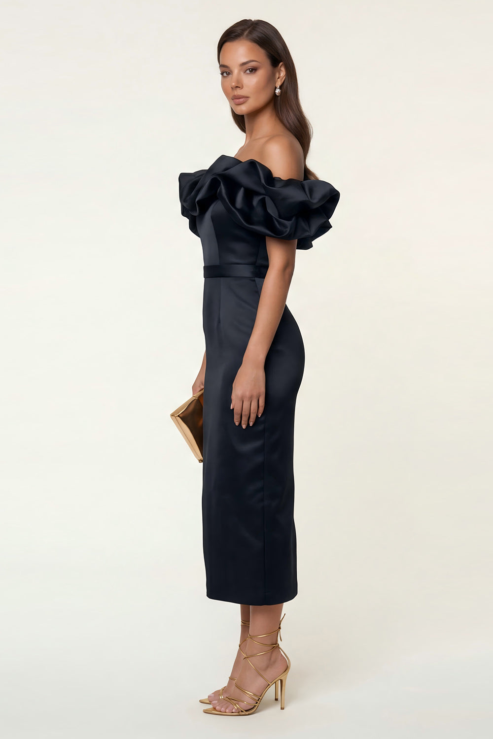 Black Satin Off the Shoulder Bodycon Midi Formal Dress with Slit