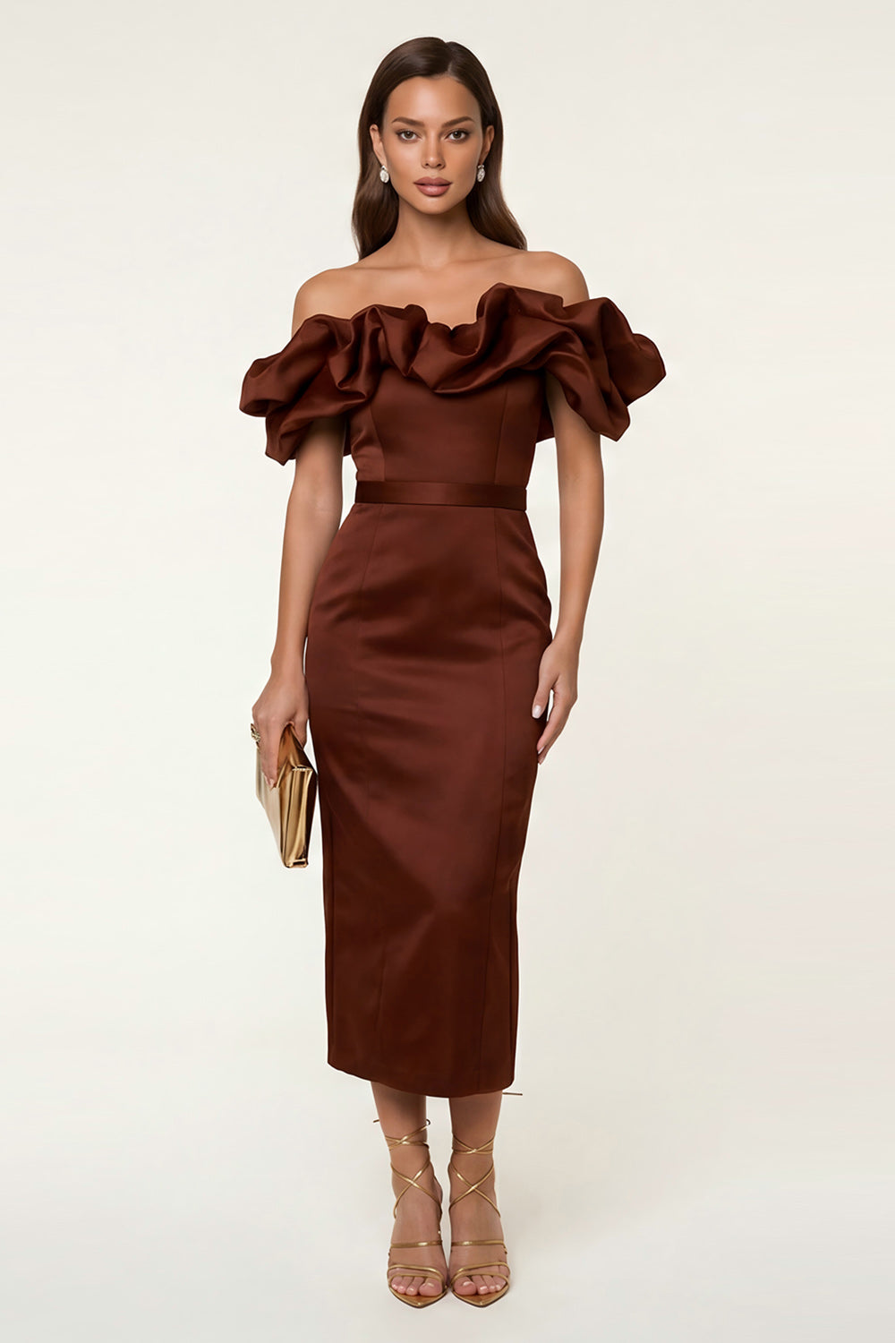 Black Satin Off the Shoulder Bodycon Midi Formal Dress with Slit