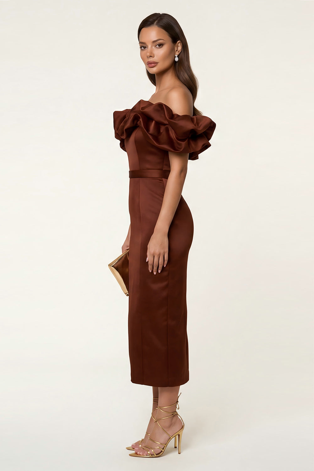 Black Satin Off the Shoulder Bodycon Midi Formal Dress with Slit
