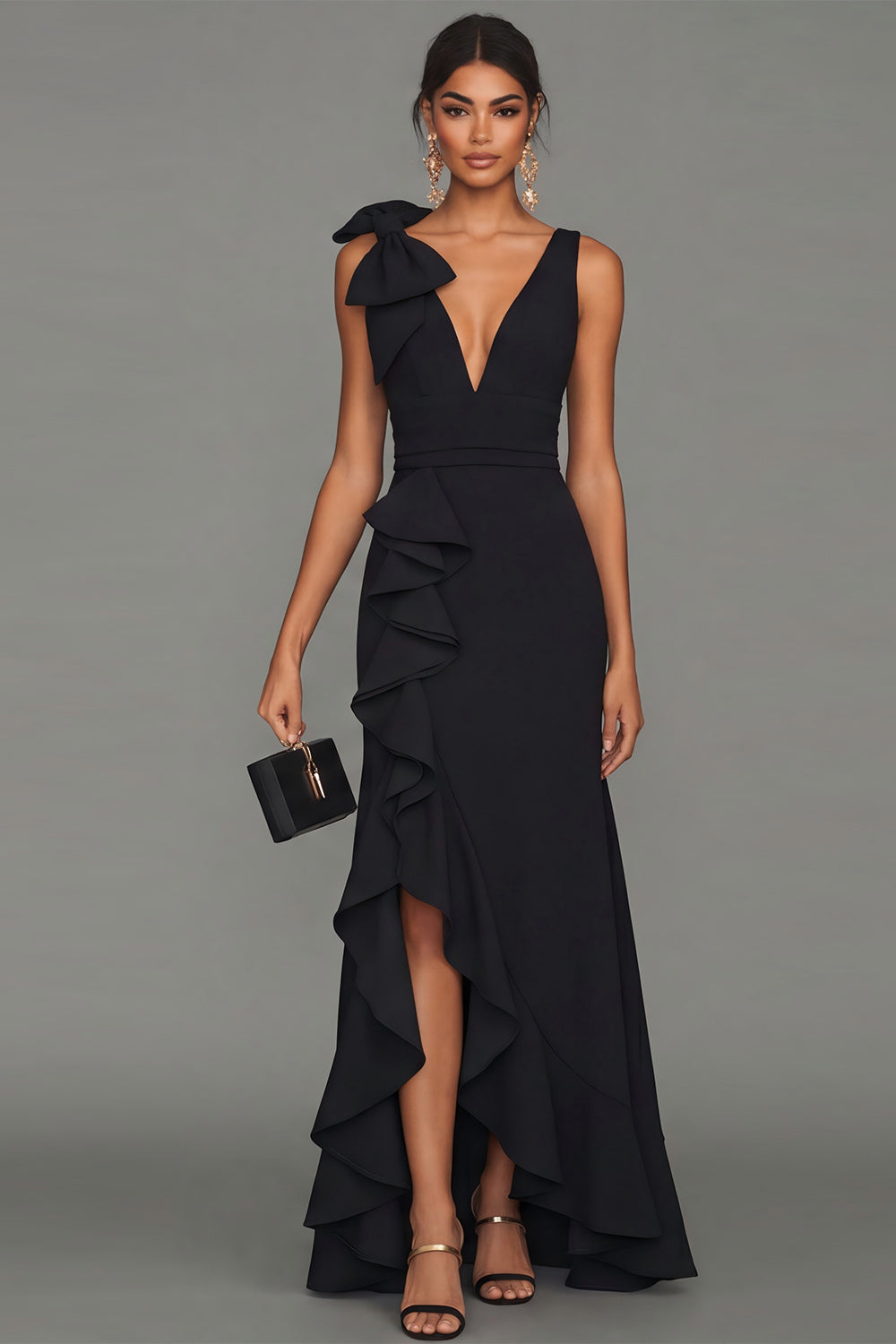 Robe de Soirée Longue Sirène Noire avec Décolleté en V, Volants et Fente