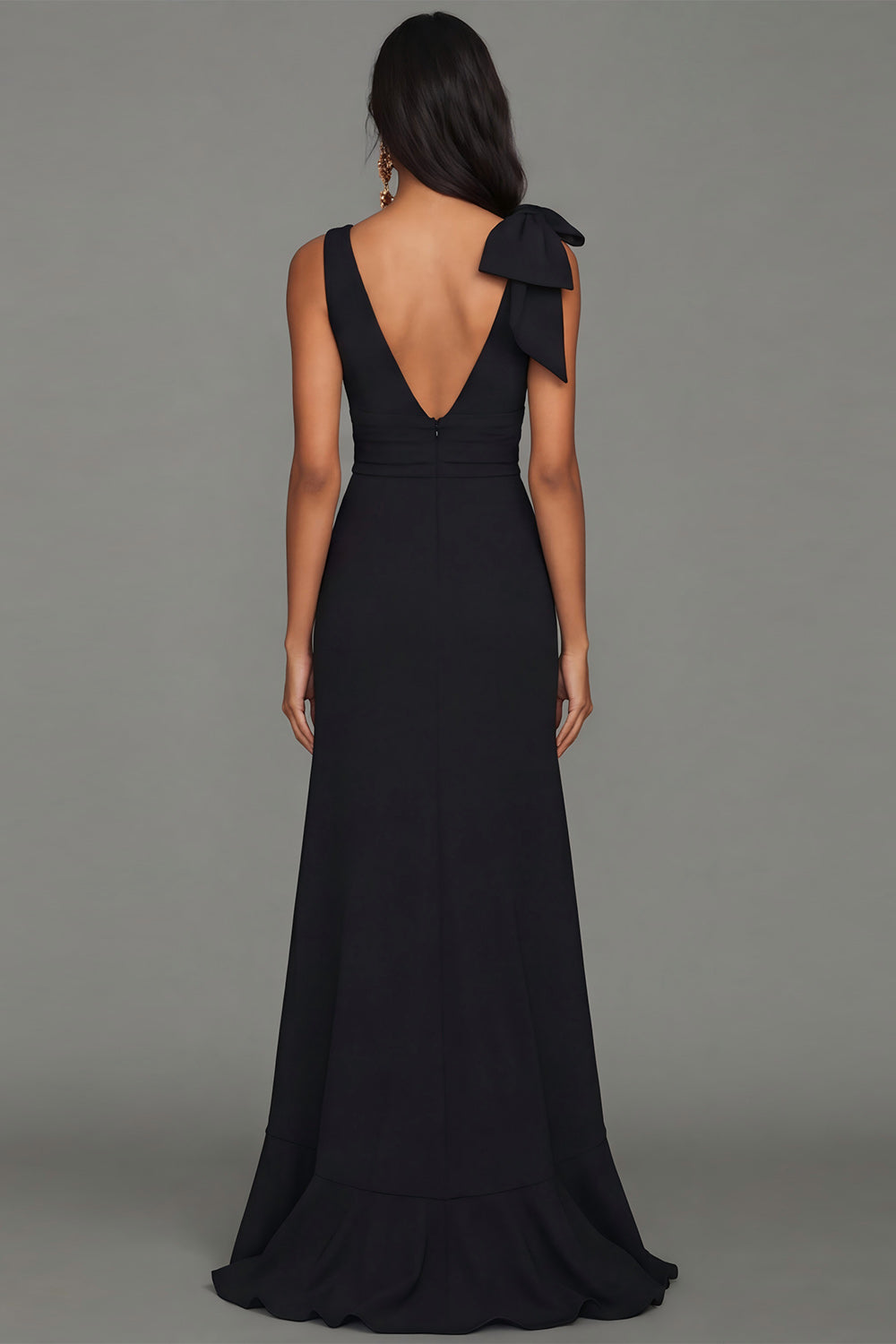 Robe de Soirée Longue Sirène Noire avec Décolleté en V, Volants et Fente