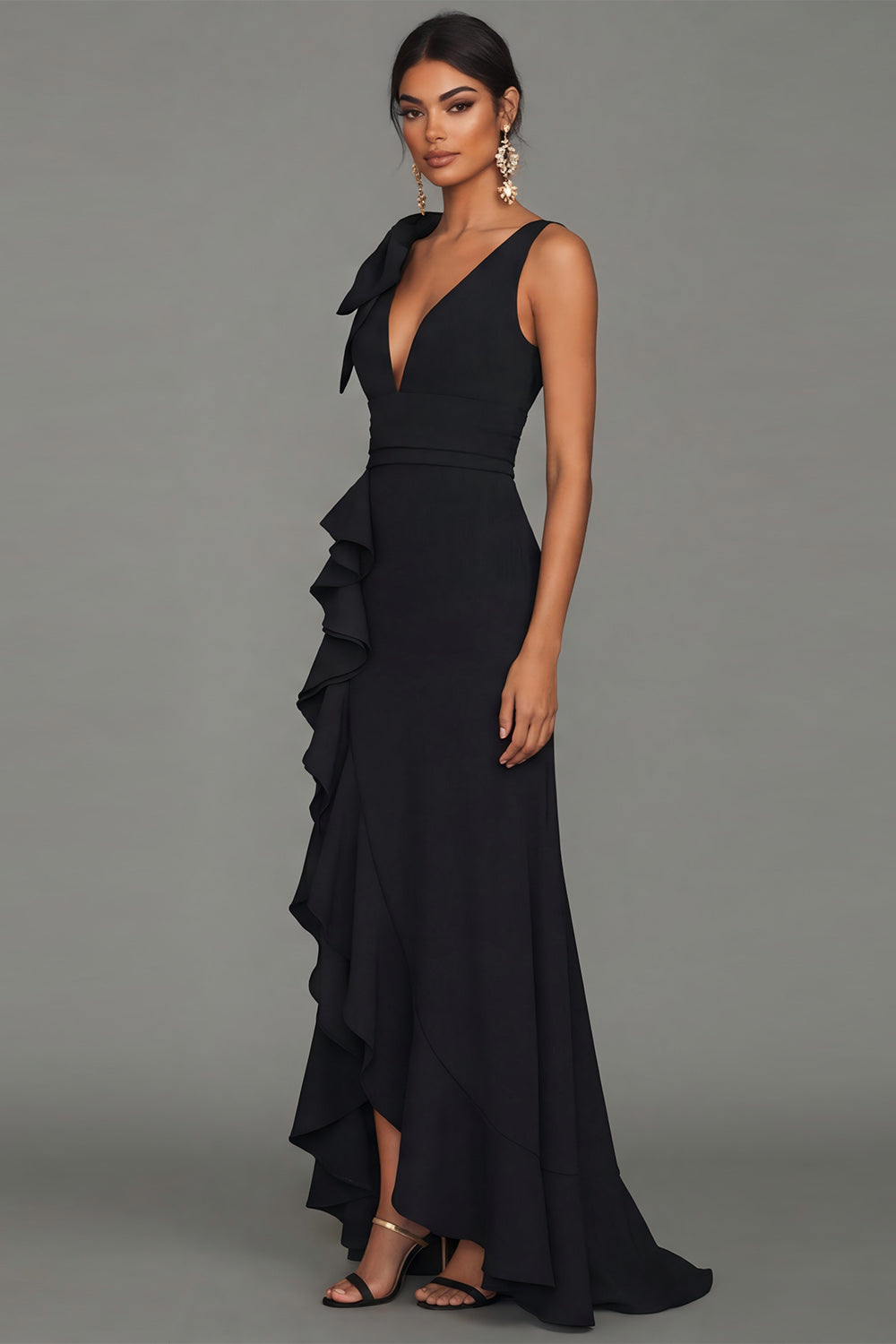 Robe de Soirée Longue Sirène Noire avec Décolleté en V, Volants et Fente