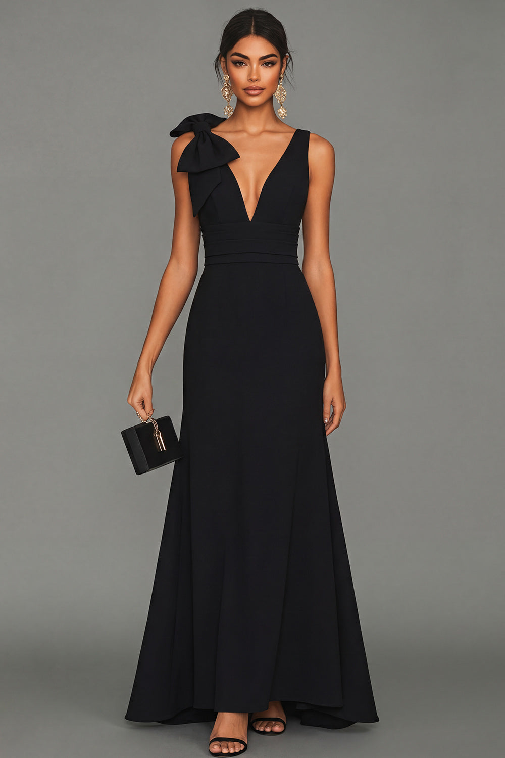 Robe de soirée longue noire fourreau col en V avec nœud