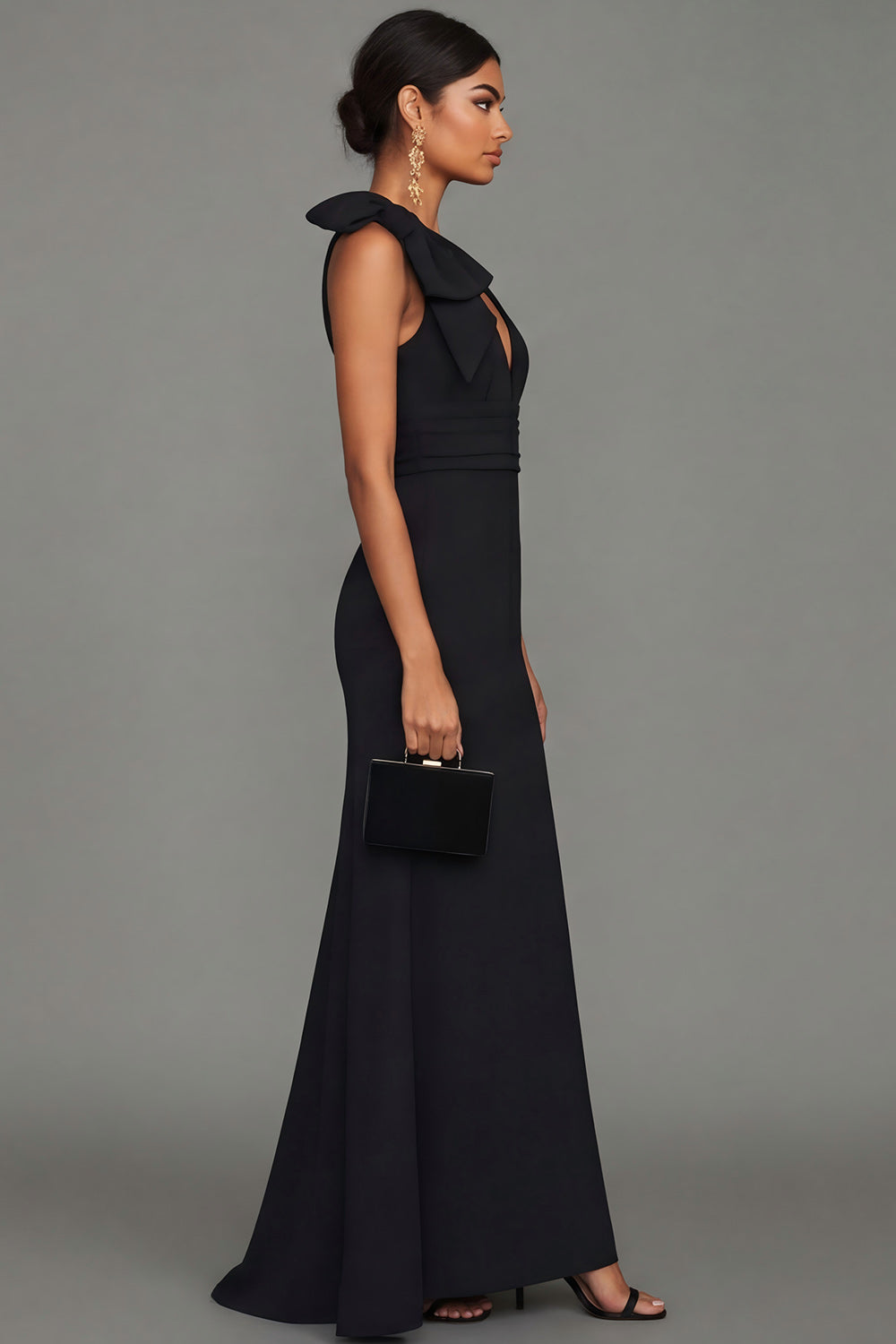 Robe de soirée longue noire fourreau col en V avec nœud