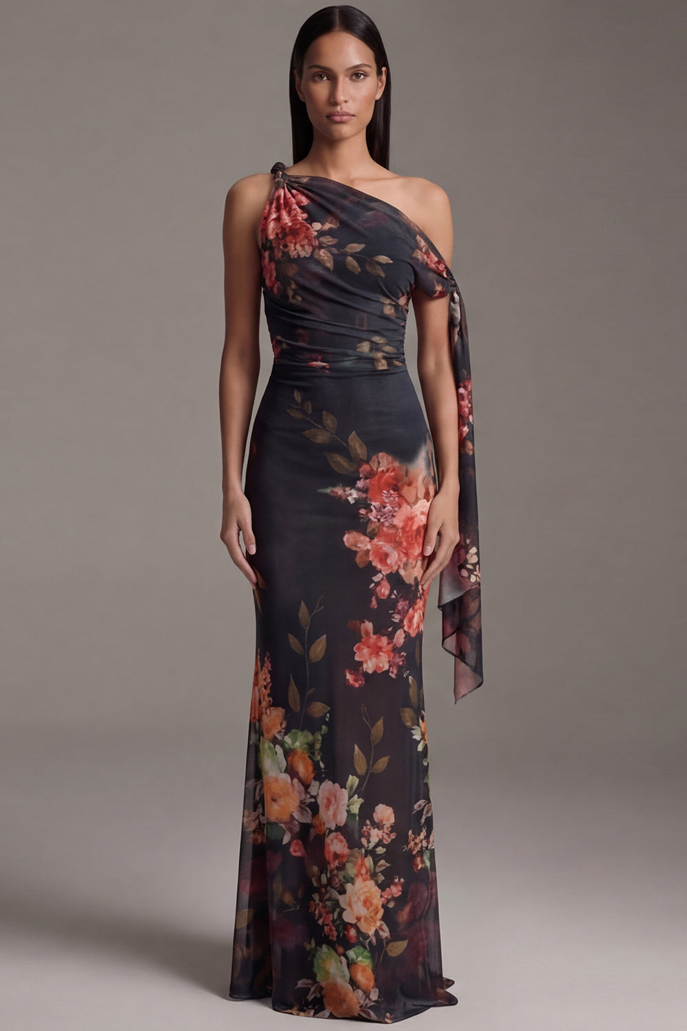 Robe sirène asymétrique noire à imprimé floral et fronces