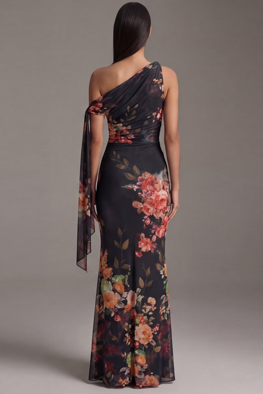 Robe sirène asymétrique noire à imprimé floral et fronces