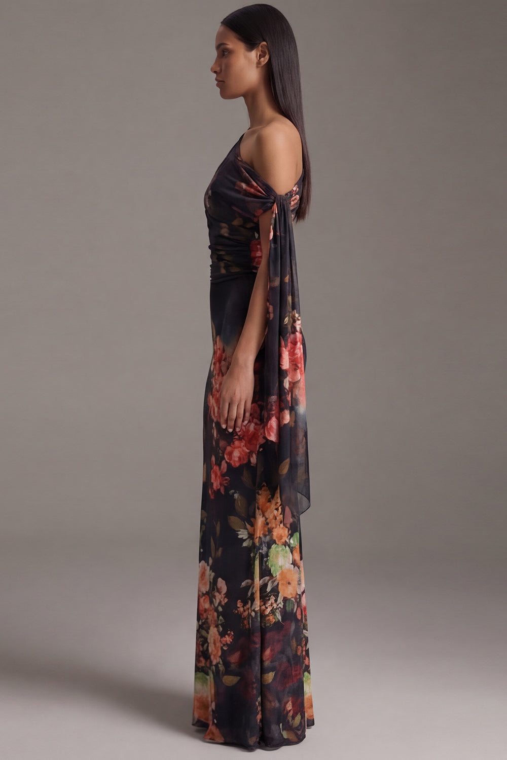 Robe sirène asymétrique noire à imprimé floral et fronces