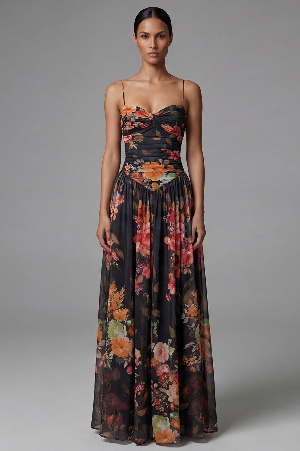 Printed Spaghetti Straps Black A Line Floral Dress