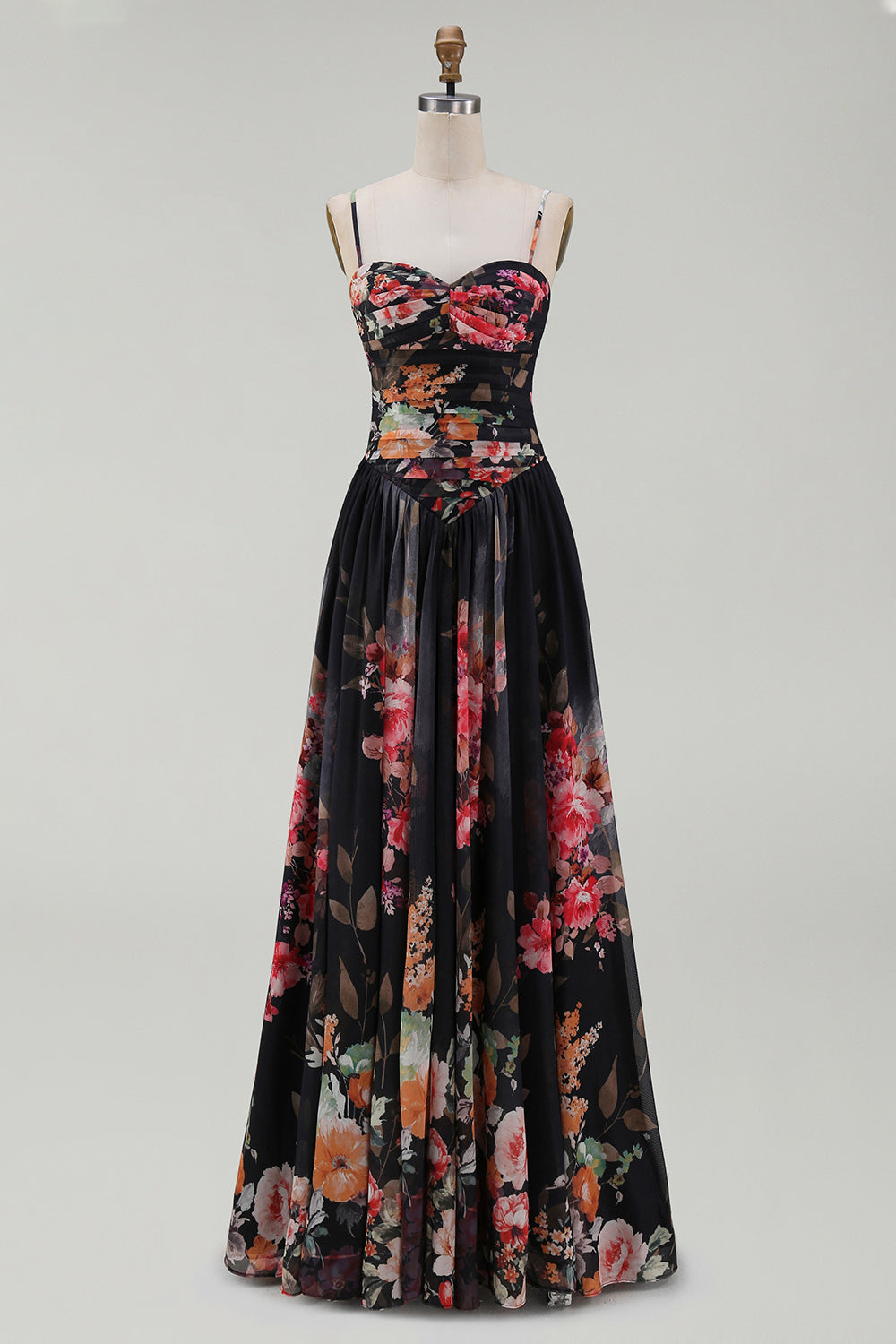 Printed Spaghetti Straps Black A Line Floral Dress