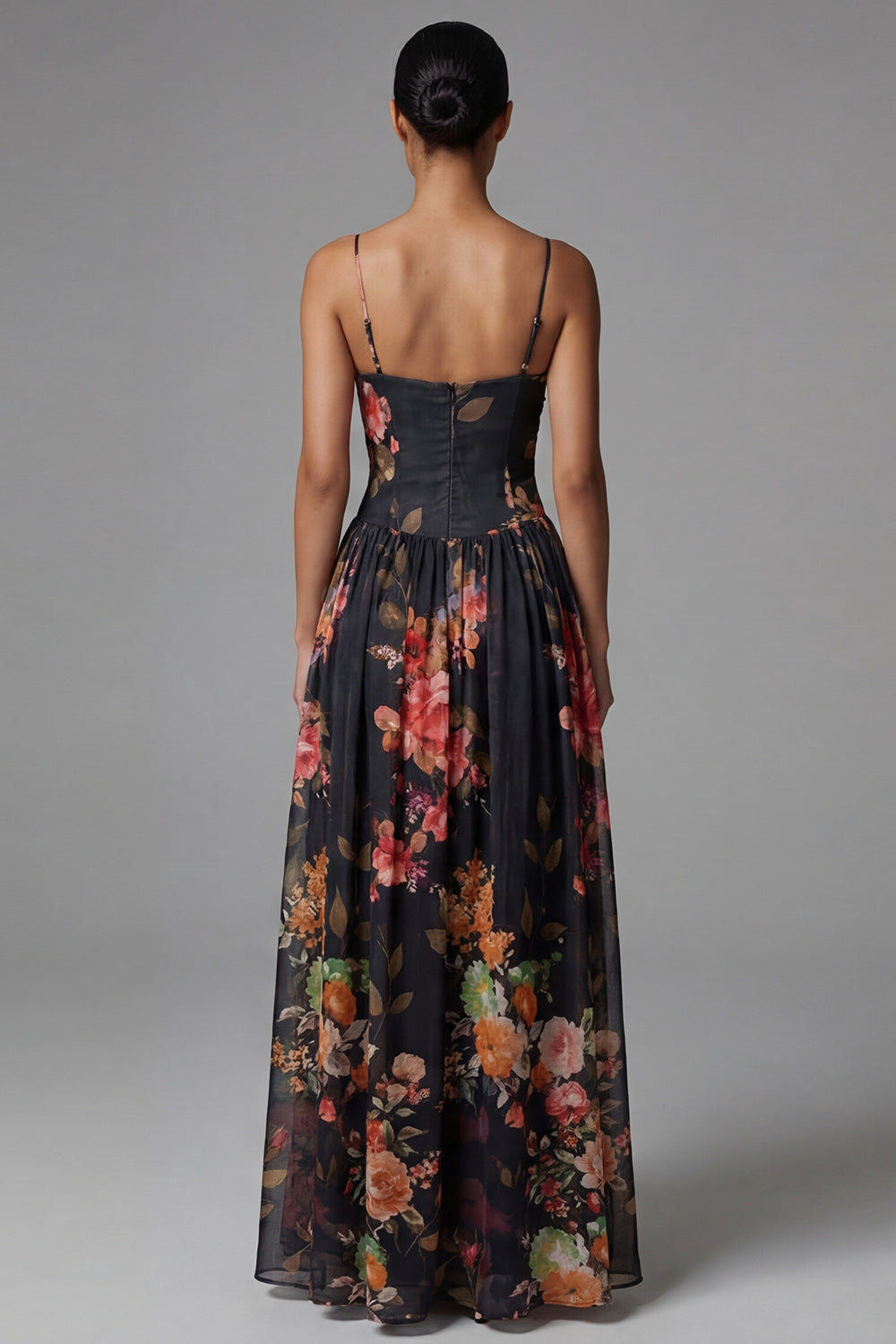 Printed Spaghetti Straps Black A Line Floral Dress