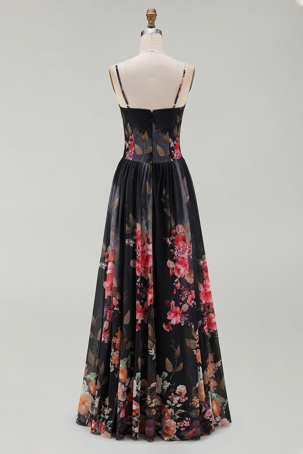 Printed Spaghetti Straps Black A Line Floral Dress