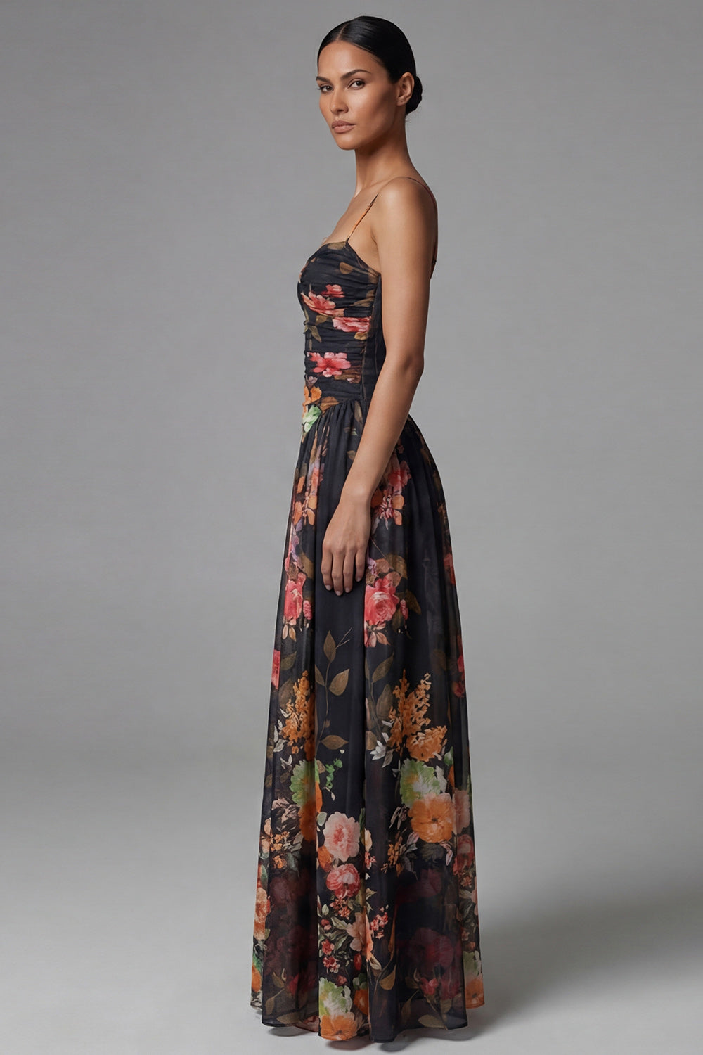Printed Spaghetti Straps Black A Line Floral Dress