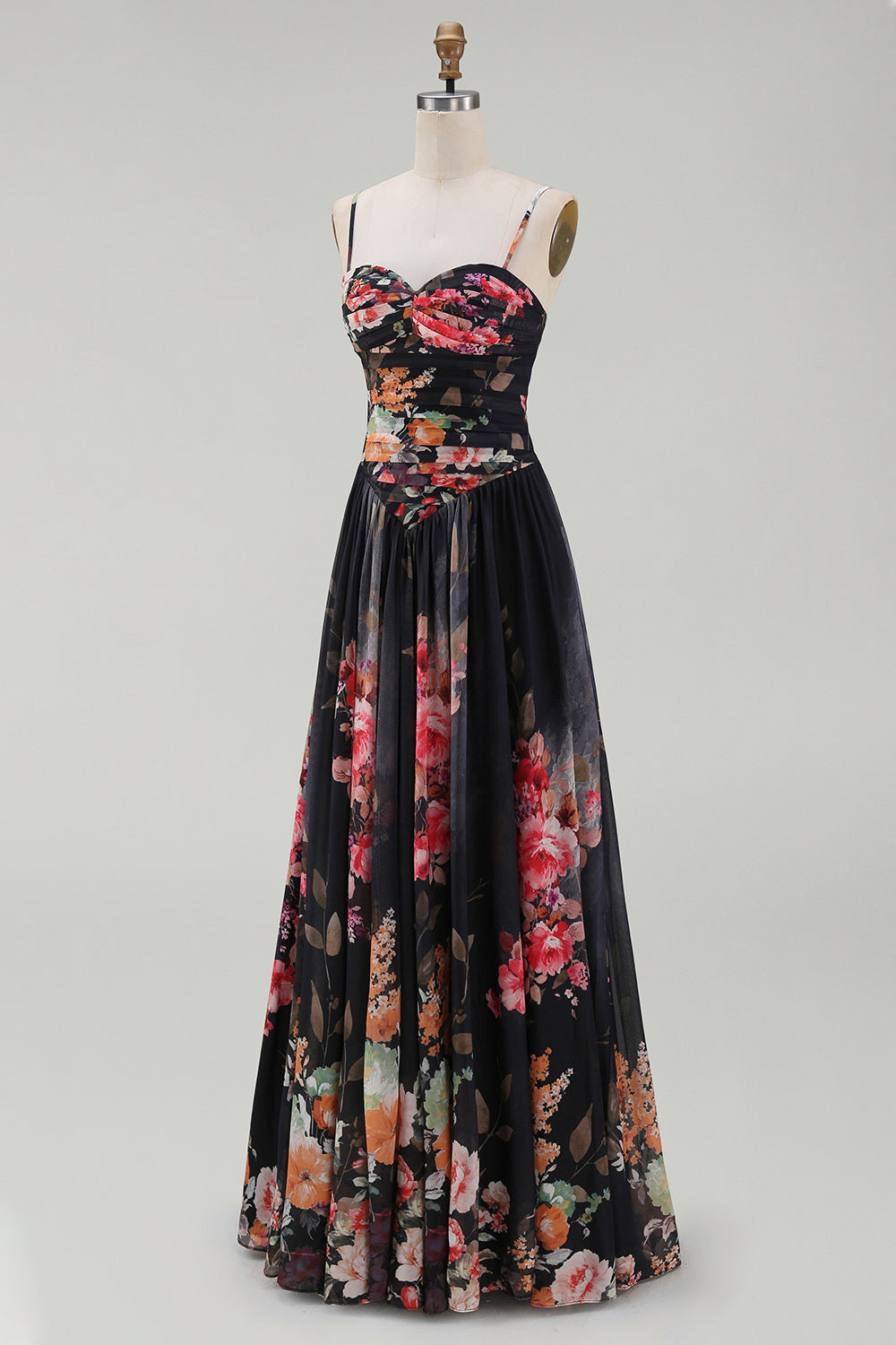 Printed Spaghetti Straps Black A Line Floral Dress
