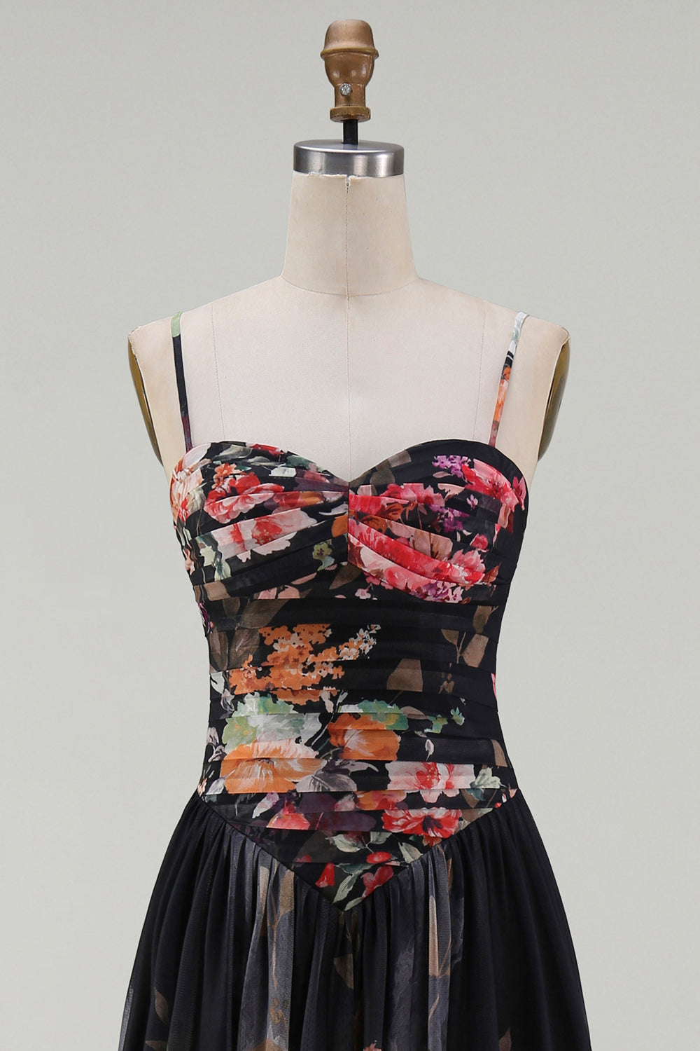 Printed Spaghetti Straps Black A Line Floral Dress