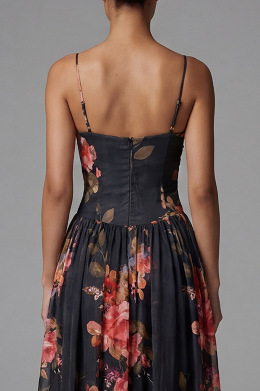 Printed Spaghetti Straps Black A Line Floral Dress