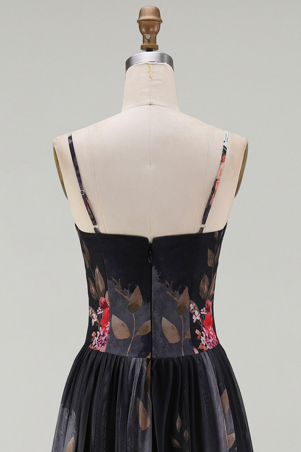 Printed Spaghetti Straps Black A Line Floral Dress