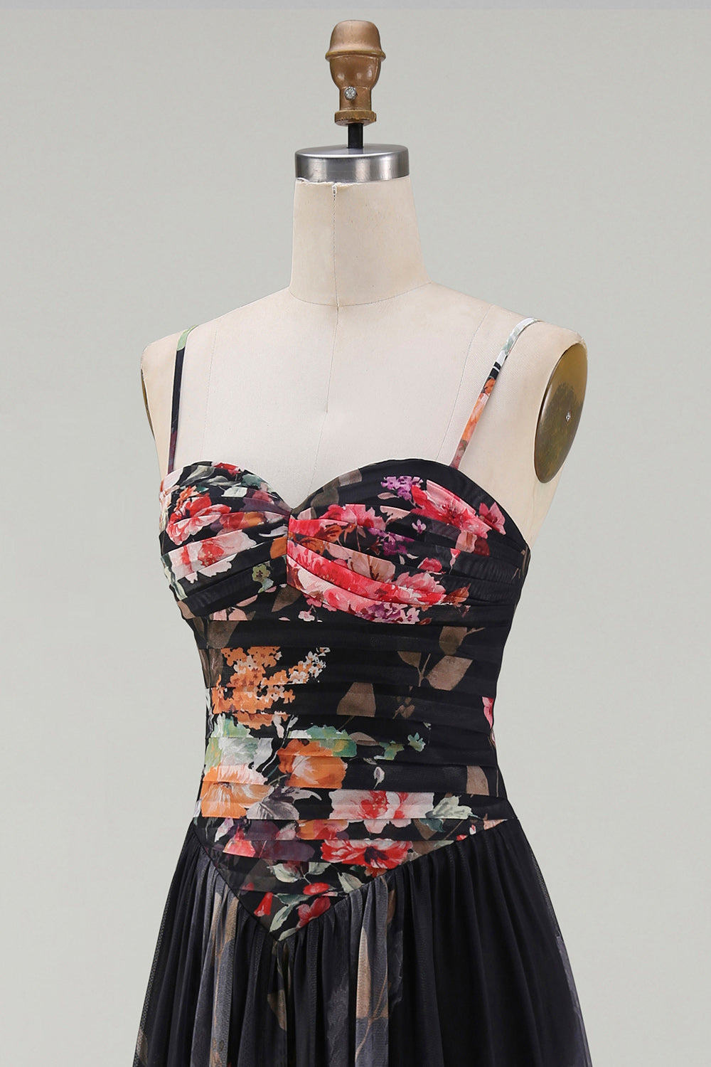 Printed Spaghetti Straps Black A Line Floral Dress