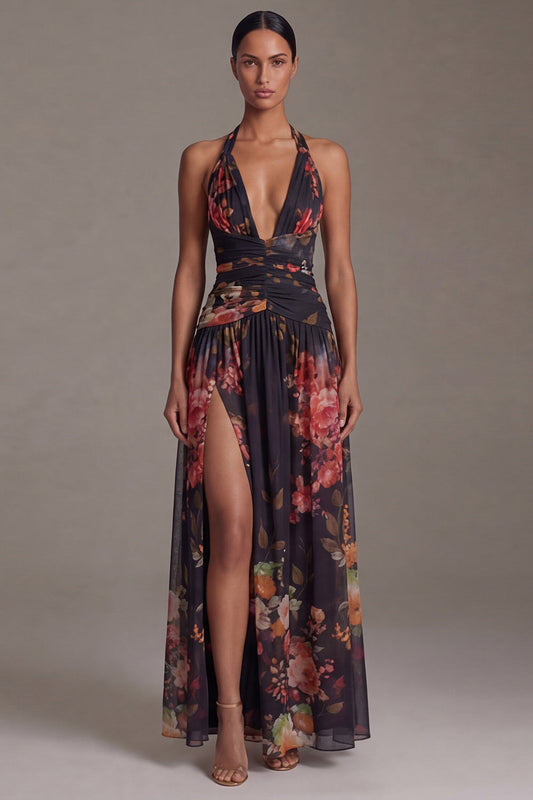 Robe trapèze florale noire à imprimé licou