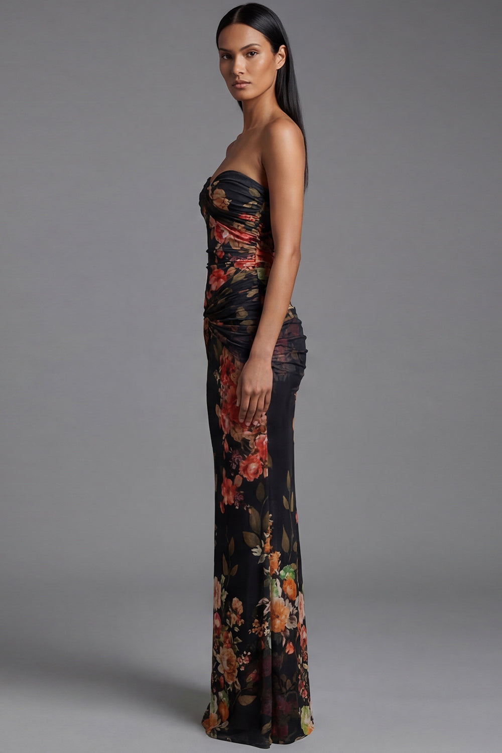 Strapless Ruched Black Mermaid Printed Floral Dress