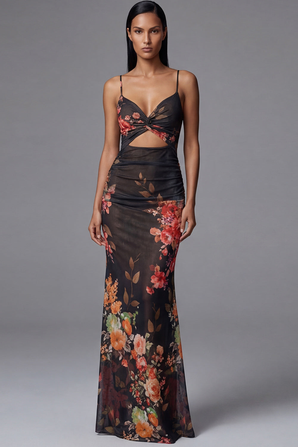 Printed Sheath Cut Out Black Spaghetti Straps Mermaid Long Floral Dress