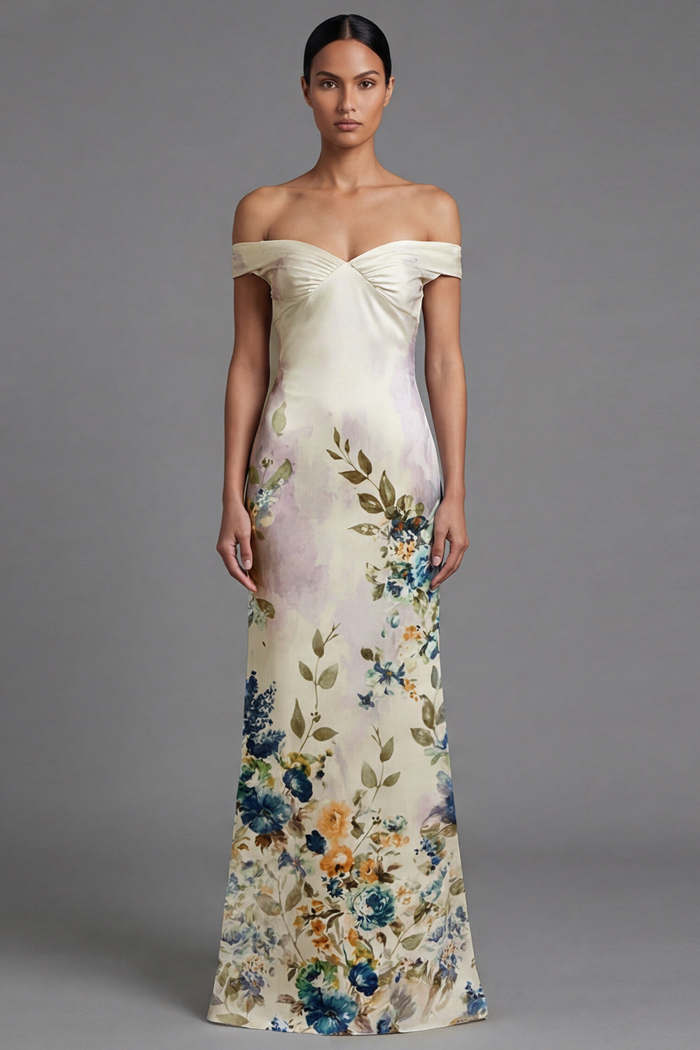 Off the Shoulder Printed Cut Out Ivory Formal Dress