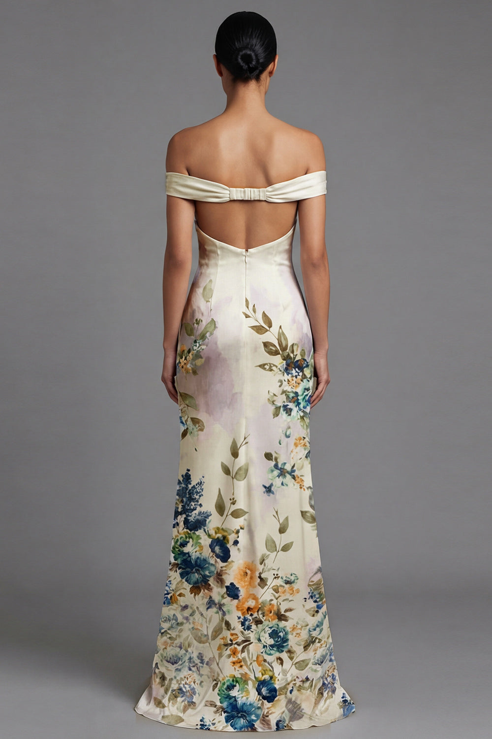 Off the Shoulder Printed Cut Out Ivory Formal Dress