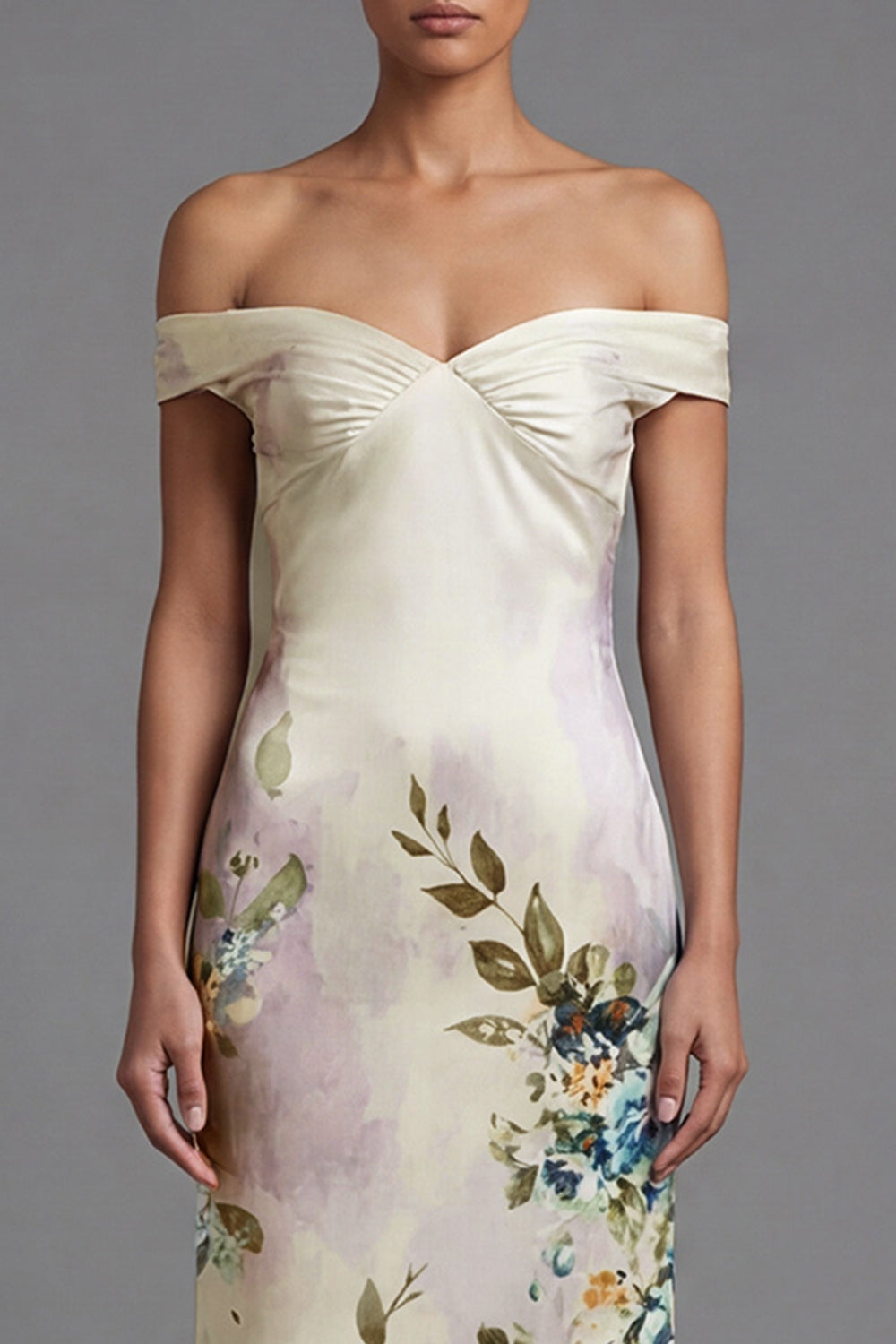 Off the Shoulder Printed Cut Out Ivory Formal Dress