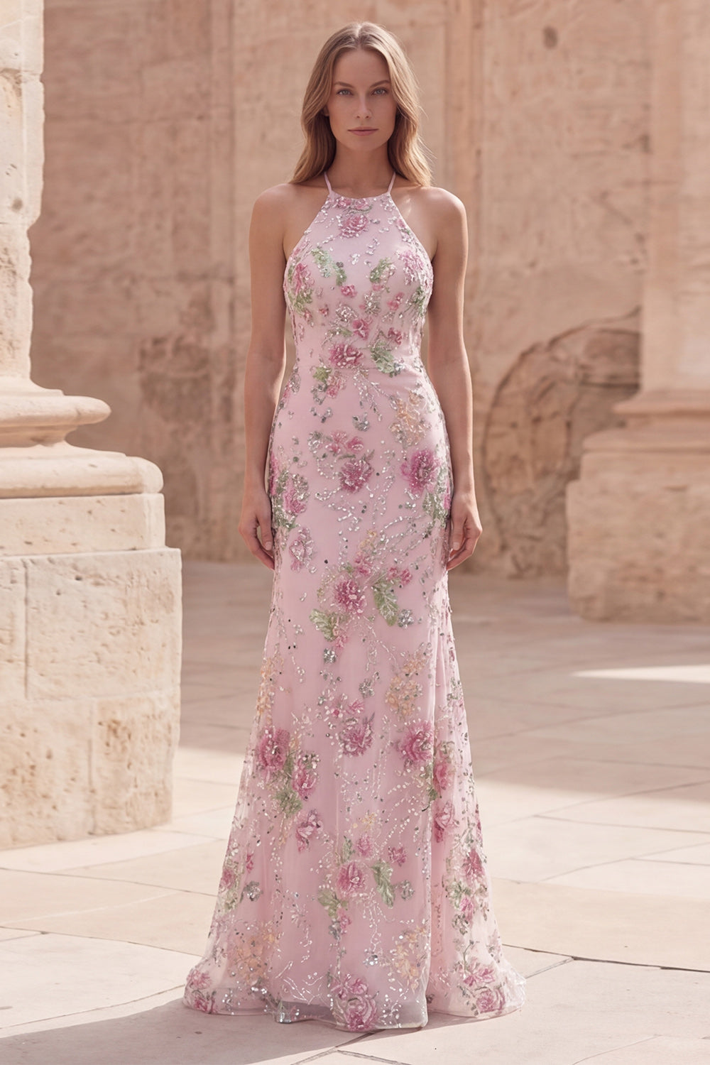 Sparkly Pink Sequin Floral Mermaid Long Prom Dress