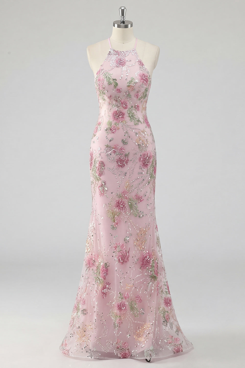 Sparkly Pink Sequin Floral Mermaid Long Prom Dress