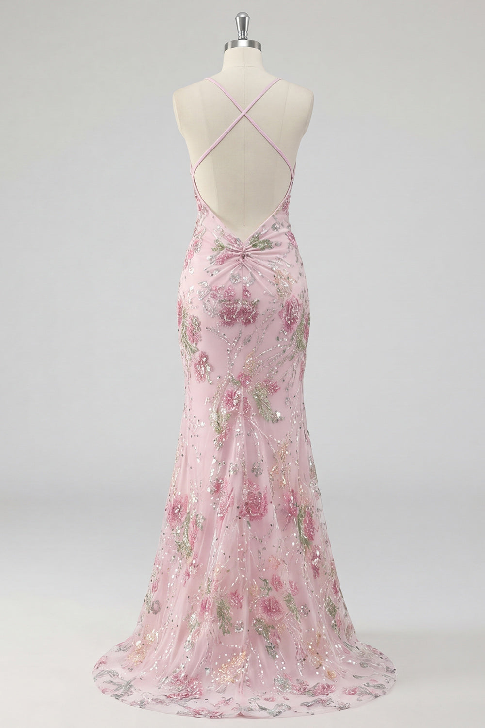 Sparkly Pink Sequin Floral Mermaid Long Prom Dress