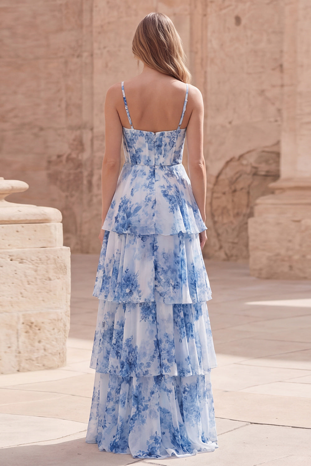 White Blue Flower A-Line Long Corset Tiered Long Prom Dress with Ruffles
