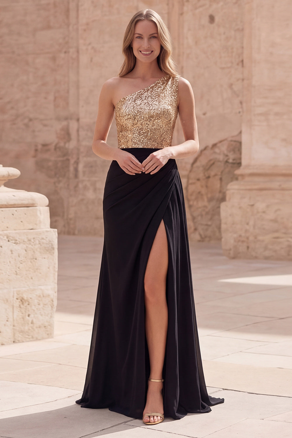 Sparkly Gold and Black One Shoulder Mermaid Long Prom Dress with Slit